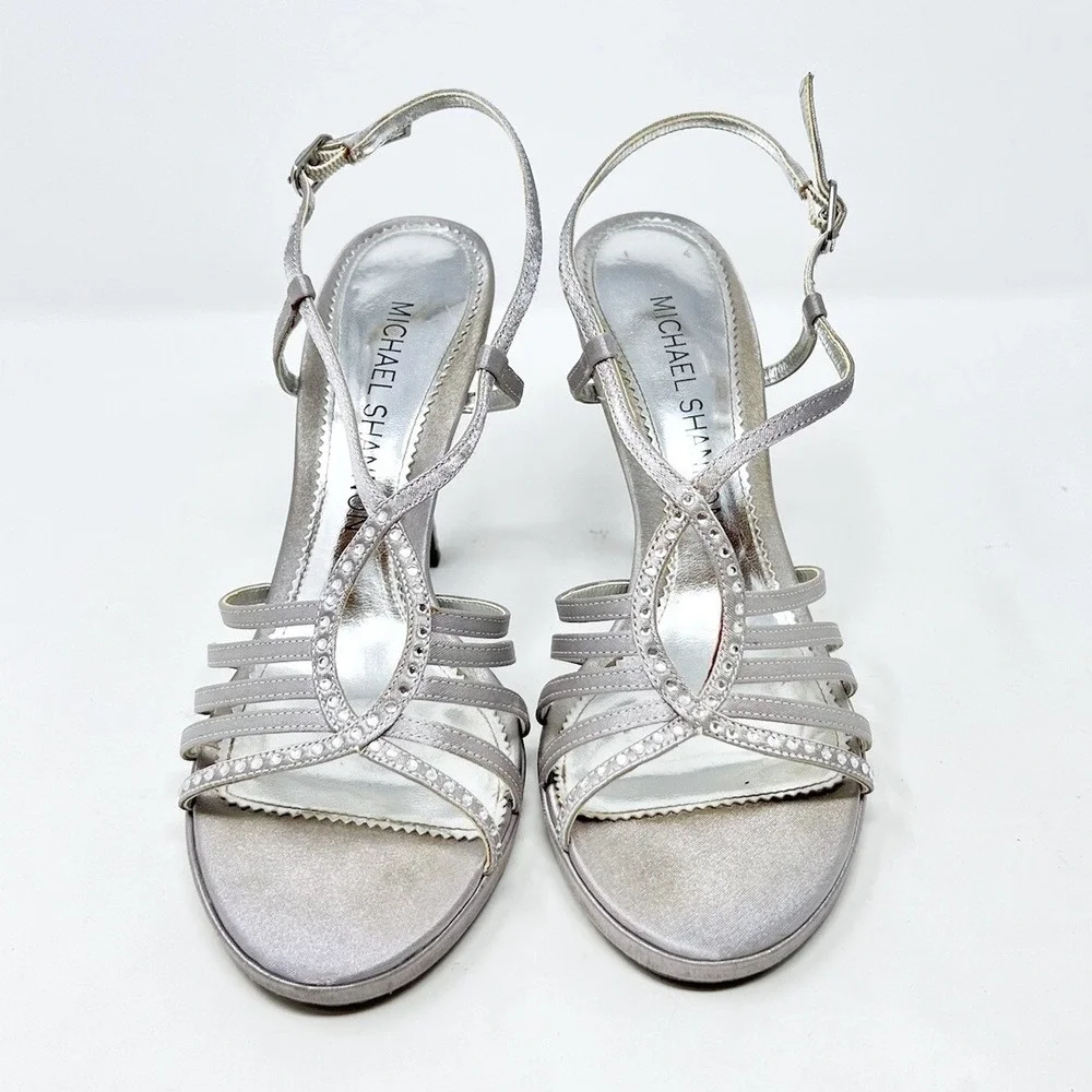 Rhinestone Bling Strappy Womens Jordy Sandal Gray Satin 7 M Prom Party Going Out